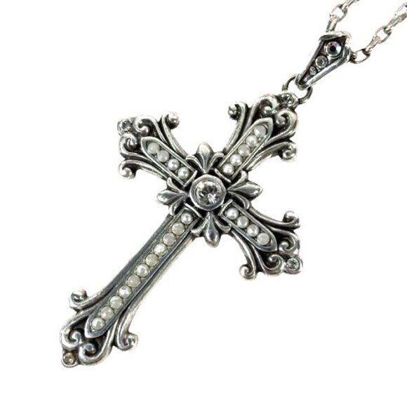 Brighton Large Cross Necklace Swarovski Crystals Pearl Pendant Long Silver Chain - Picture 2 of 13